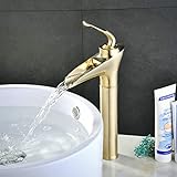 SHUNLI Wasserfall Waschtischarmatur Hoch Badarmatur | Gebürstetes Gold Wasserhahn für Bad Waschbecken | Messing Mischbatterie Armatur